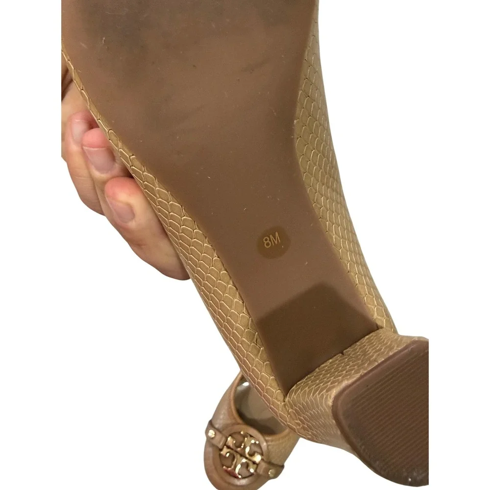 Tory Burch Aaden Tan Snakeskin Embossed Leather Block Heel Logo Pumps Size 8M
